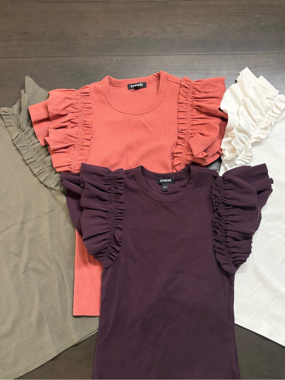 Express Ruffle Sleeve Short Sleeve Tees in Coral, Plum, khaki & Cream
